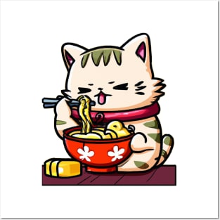 Cute cat eating ramen Posters and Art